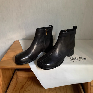 靴轻巧可爱减龄踝靴 秋牛皮短靴中跟粗跟圆头侧拉链时装 亏清