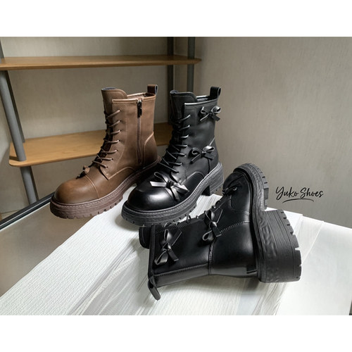 英伦风骑士靴厚底蝴蝶结加绒短靴