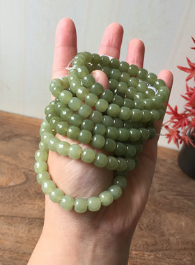 天然和田玉手链桶珠单圈黄口料