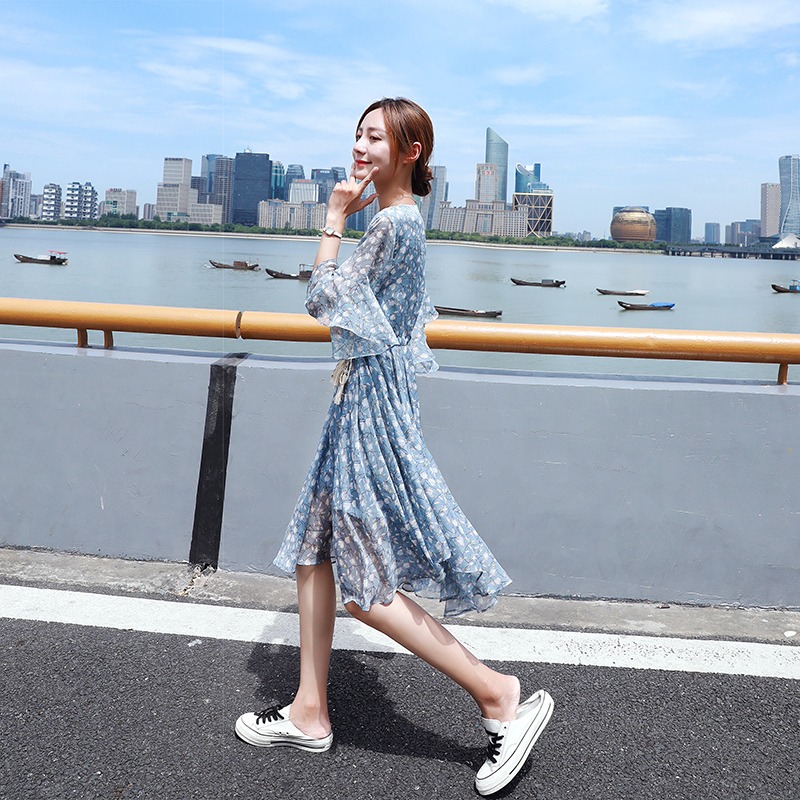 仙女裙~雪纺碎花中长款连衣裙