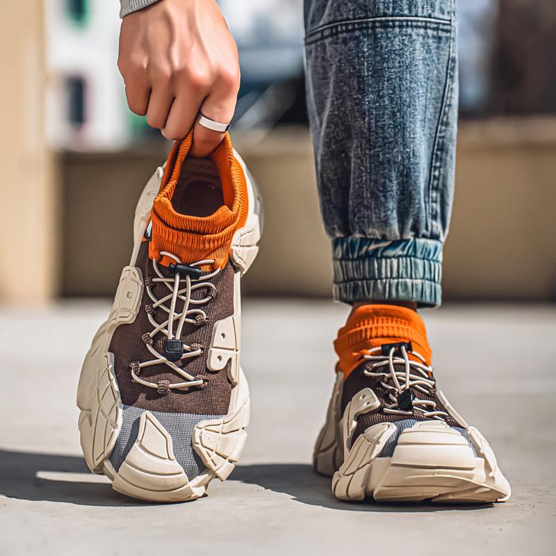 男鞋春季2025新款飞织网面厚底休闲一脚蹬男款夏季机甲运动老爹鞋