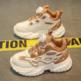 中大童旋转钮扣男孩老爹鞋 男童鞋 皮面防水儿童运动鞋 2025新款 春季