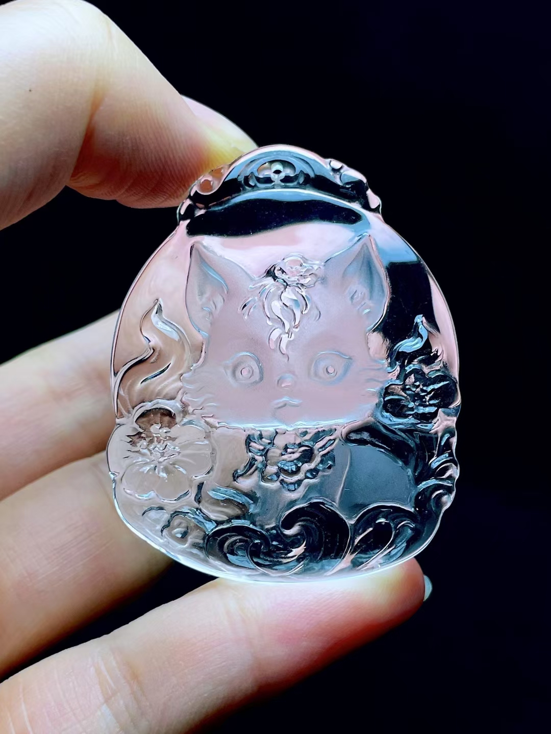 天然白水晶九尾狐吊坠，狐仙儿，纯白体，规格：51×41×10mm