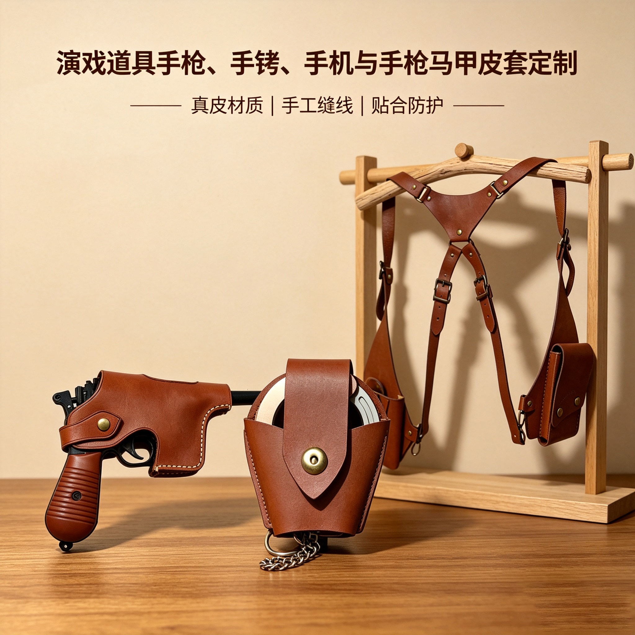 998真皮手枪马甲套定制手工缝线游戏道具收纳挂件防护手铐真皮套