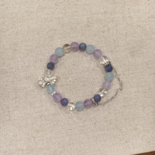 天然海蓝宝紫水晶手链女款坦桑石白水晶流苏蝴蝶结手串单圈礼物