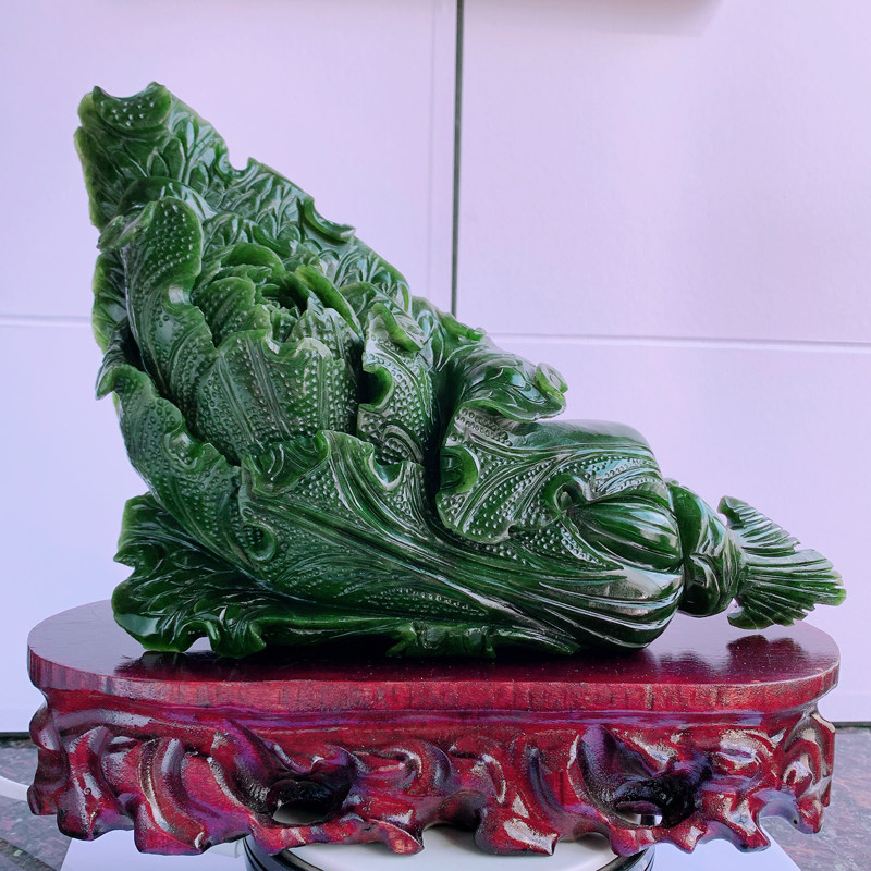 天然和田碧玉玉石珠宝新品自然光实拍菠菜绿百财大摆件白菜000019