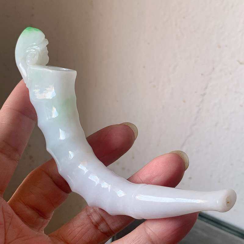 翠都翡翠珠宝缅甸天然A货玉石手玩把件小摆件绿色如意烟嘴180059