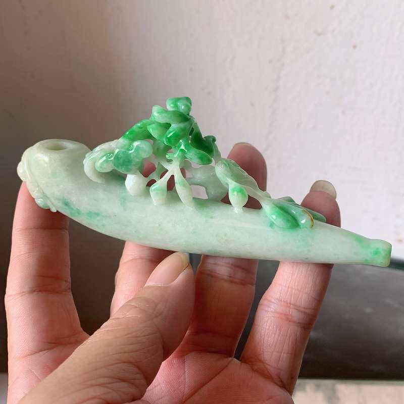翠都翡翠珠宝缅甸天然A货玉石手玩把件小摆件黄加绿烟嘴193498