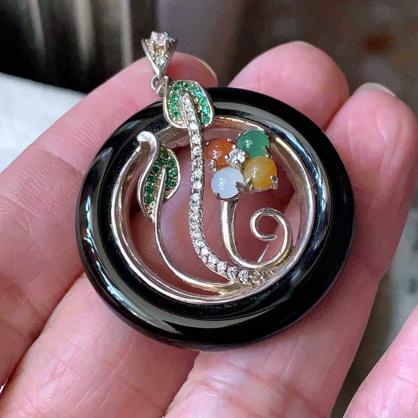 翡翠蛋面925银镶嵌黑玛瑙吊坠送证书228138