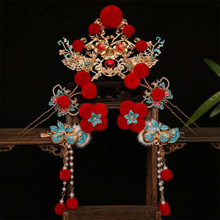小财神头饰红色过年汉服毛球铜钱元宝流苏发夹新年发冠发钗套装