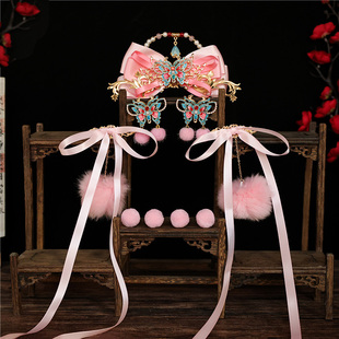 粉色蝴蝶结发冠古风汉服明制头饰长飘带对夹粉色毛球小钗蝴蝶U钗