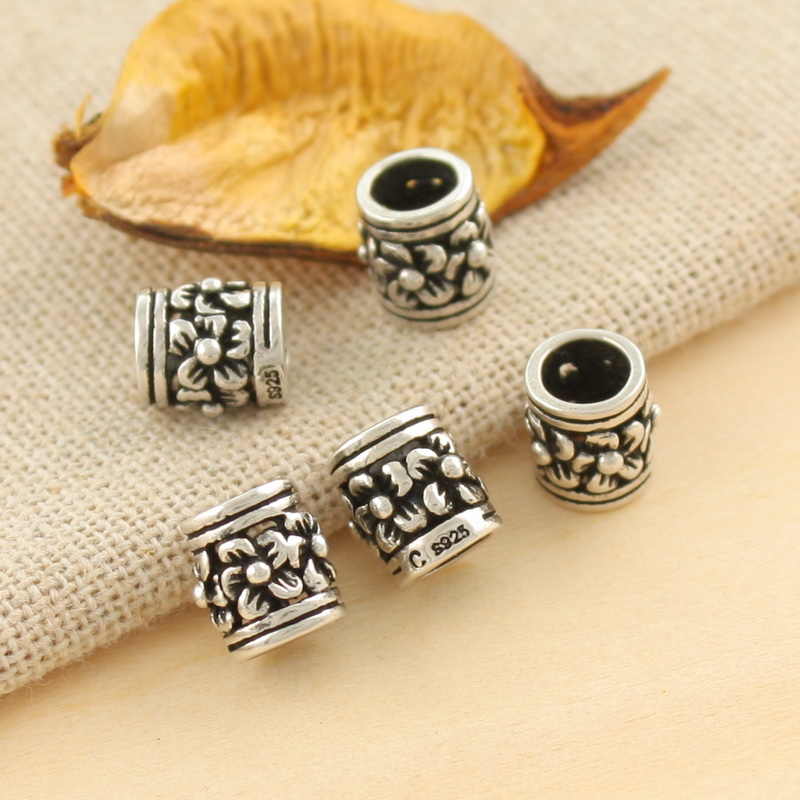 S925纯银富贵花朵管珠 浮雕进口泰银DIY手工饰品配件吊坠 小福女