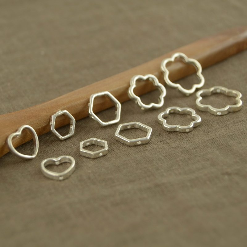 s925纯银双孔穿环 中间可穿珠子多形状 diy手工饰品配件 小福女