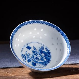 青花玲珑釉下彩高温碗 天然矿陶瓷精品瓷养生米饭碗景德镇家用中式