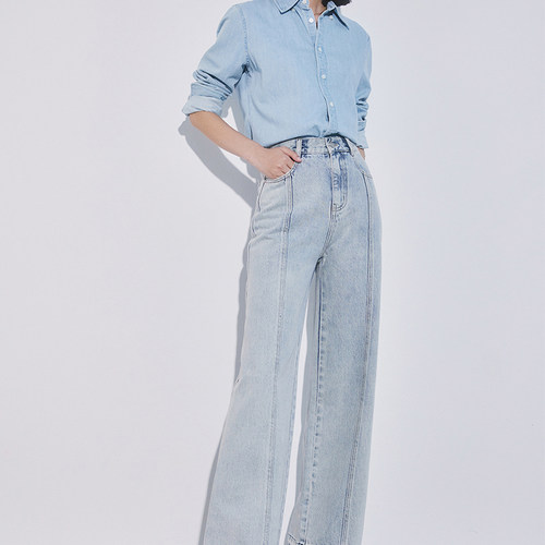 雪花水洗蓝渐变阔腿直筒牛仔裤