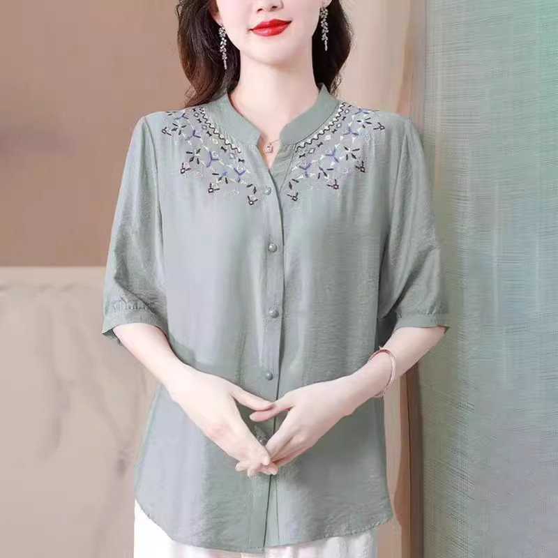 春夏季中袖上衣妈妈装宽松休闲大码衬衣新款刺绣棉麻衬衫中年女士