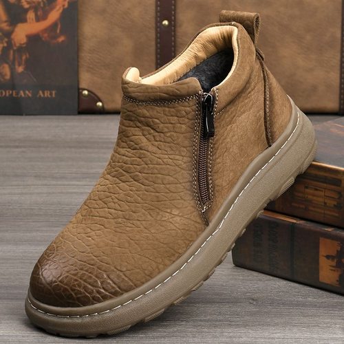 枫之时尚冬季侧拉链棉靴牛皮加绒