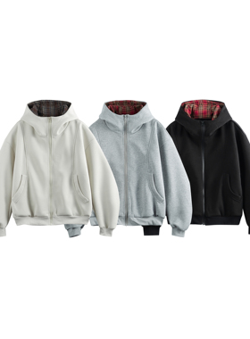 STUDIO ONE美式复古解构连帽卫衣外套春秋男女款宽松格子帽子休闲