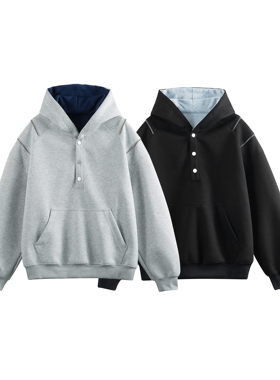 STUDIO ONE美式重磅按扣连帽卫衣春秋男女款宽松设计感帽衫上衣