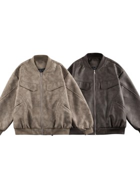 STUDIO ONE美式复古拼接工装棒球服外套春秋男女款宽松PU皮夹克