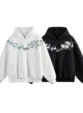 STUDIO ONE美式复古花卉刺绣连帽卫衣春秋男女款宽松上衣重磅套头