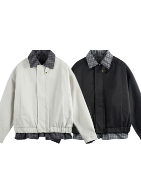 STUDIO ONE美式假两件拼接格子翻领夹克外套春秋男女款宽松休闲