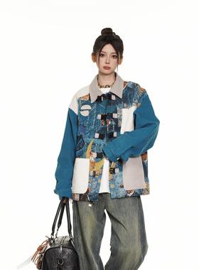 REAL SPACE梵高油画拼接设计夹克外套春秋中性风门襟箱包扣设计