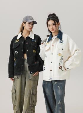 REAL SPACE小香风万针刺绣花蕊撞色夹克外套春秋中性风工装炸街