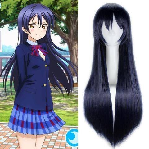 Love Live 蓝黑色 园田海未cosplay假发 海爷海未假毛长80cm直发