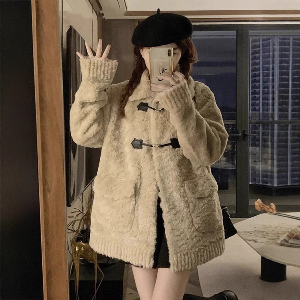 小香风羊羔毛棉服女2024冬季新款韩版百搭可爱甜美宽松毛绒绒