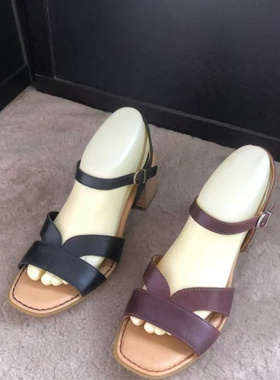 born  头层牛皮交叉一字扣粗高跟凉鞋7 8