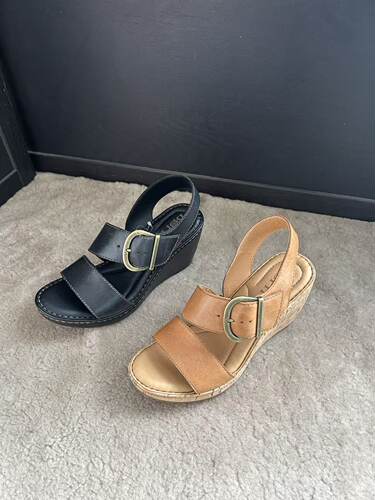 born 头层牛皮大扣袢女士厚底增高坡跟凉鞋7 8