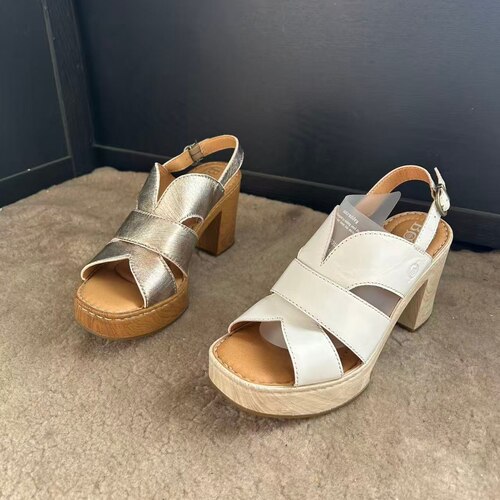 born  头层牛皮一字扣粗高跟女士凉鞋6 8