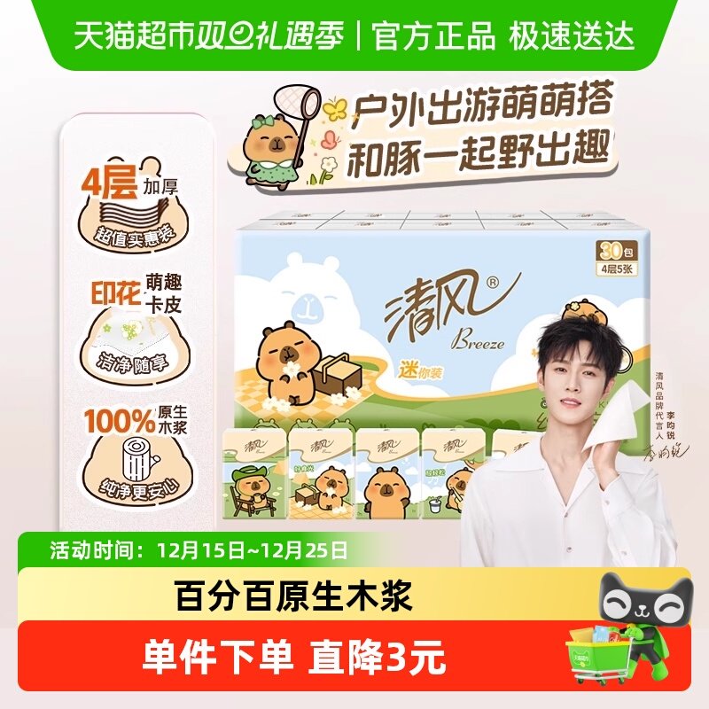 清风卡皮巴拉手帕纸4层5张30包