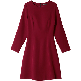 映想社交女装春秋季酒红色连衣裙年会礼服女长袖小红裙