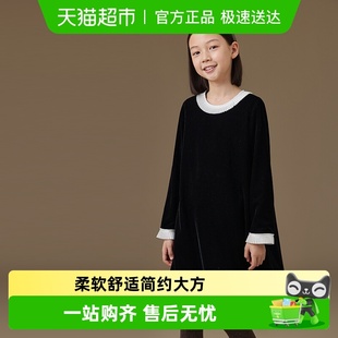 连衣裙厚 赫本风小黑裙儿童撞色花边丝绒女童长袖 哈齿童装 秋冬法式