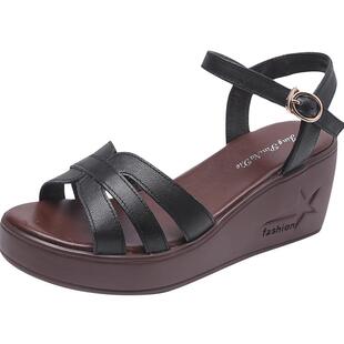 2025夏新品牛皮厚底坡跟高跟凉鞋女中空原创手工罗马皮鞋松糕女鞋