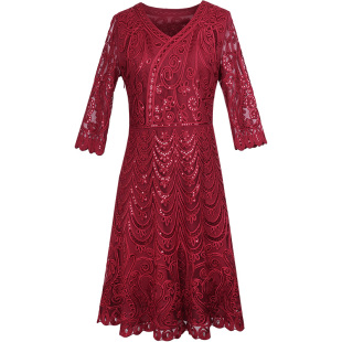 女儿结婚妈妈婚宴礼服喜庆高贵岳母中年喜婆婆婚礼装酒红色连衣裙