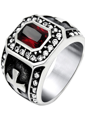 红宝石男钛钢欧美戒指镶嵌