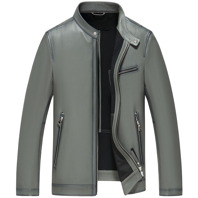 雪豹真皮皮衣男头层绵羊皮时尚潮流机车休闲弹力皮立领短夹克外套