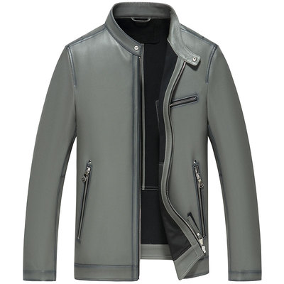 雪豹系列真皮皮衣立领短款拉链