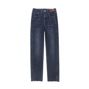 加绒分叉牛仔裤女直筒宽松春秋开叉款加厚显瘦九分小个子烟管裤子