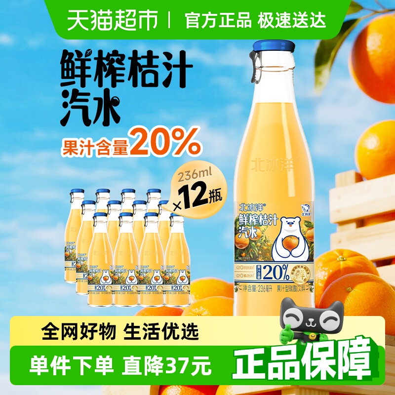 北冰洋鲜榨桔汁汽水果汁饮品鲜果压榨饮料20%鲜榨236ml*12瓶