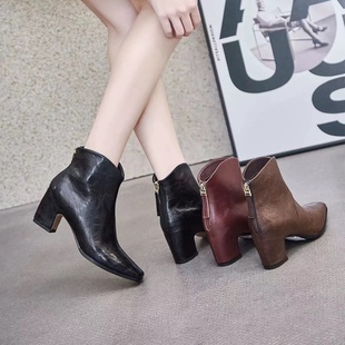 靴 跟通体包跟麂皮内里女士时装 9188 2029油面胎牛皮5分跟小方头鞋