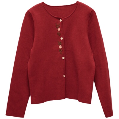 温婉短款绣花圆领开衫