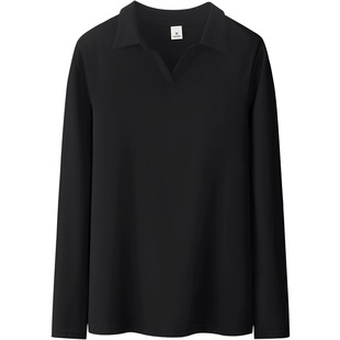 螺纹polo衫女春秋季长袖修身正肩内搭外穿有带翻领子t恤打底上衣