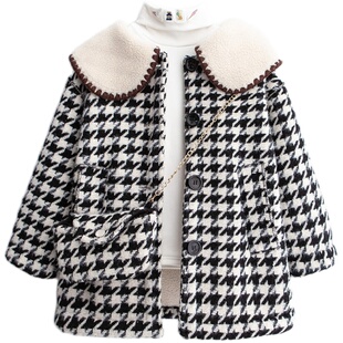 女童冬装千鸟格大衣儿童女宝小女孩中长款加绒加厚外套洋气时尚