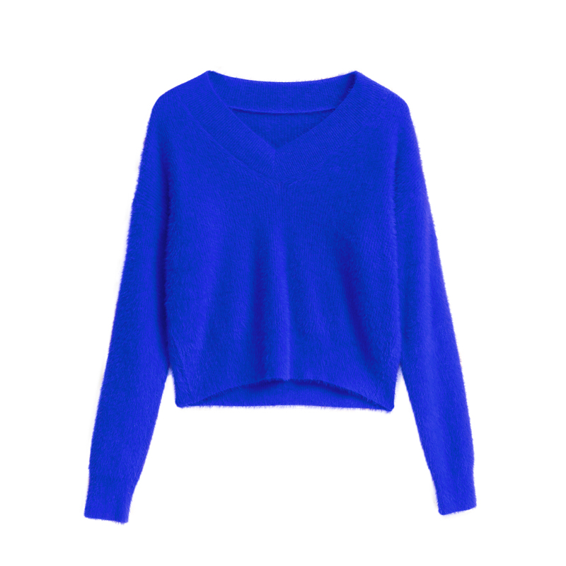 水貂绒毛衣女秋冬套头加厚 高腰短款上衣宽松小个子内搭v领打底衫