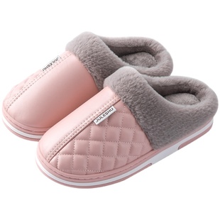 买一送一防水棉拖鞋女款保暖冬季室内家居防滑加绒皮拖鞋男士冬天