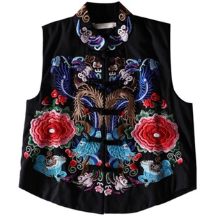 包邮秋装民族风女装大片绣花棉麻立领马甲 修身中式复古马夹外套